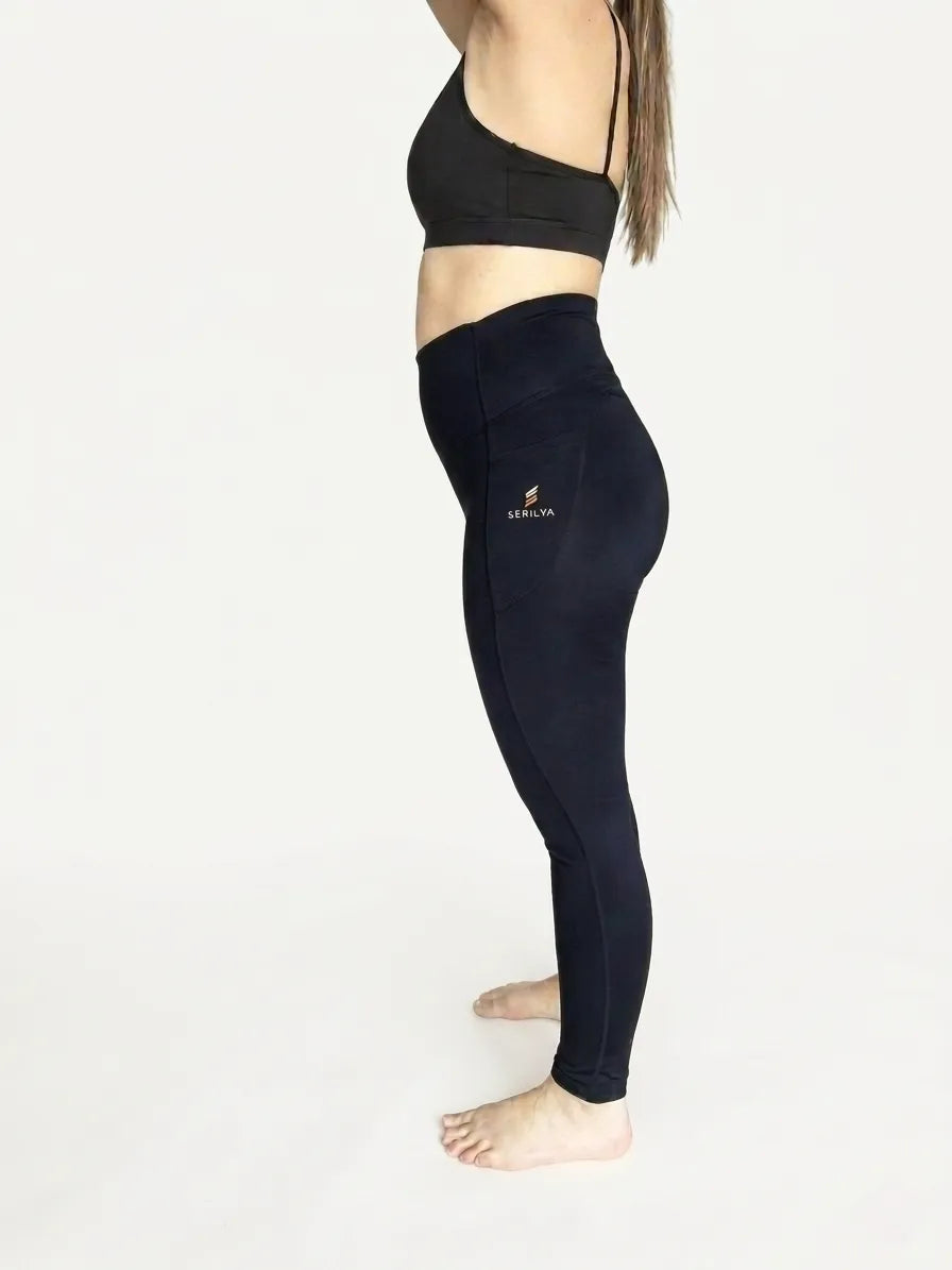Schwarze High-Waist Leggings mit Seitentaschen, blickdicht und tierhaarfrei, ideal für Sport und Alltag