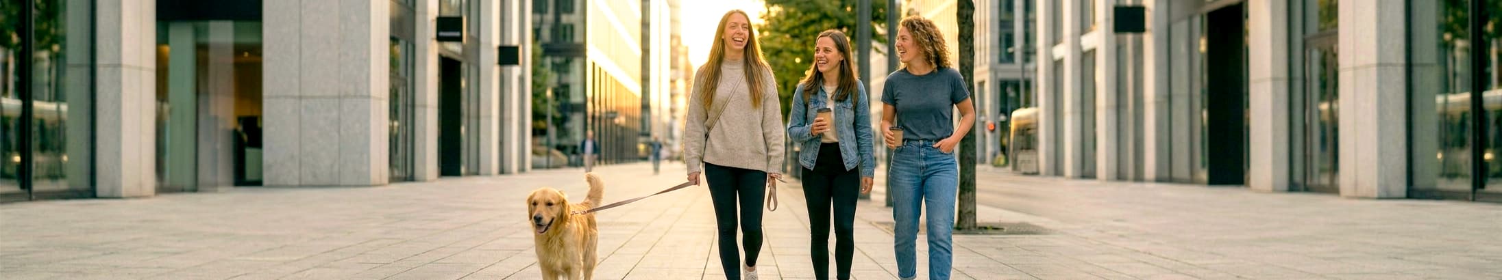 Frauen spazieren mit Hund in Stadt, tragen blickdichte Leggings für Alltag & Sport
