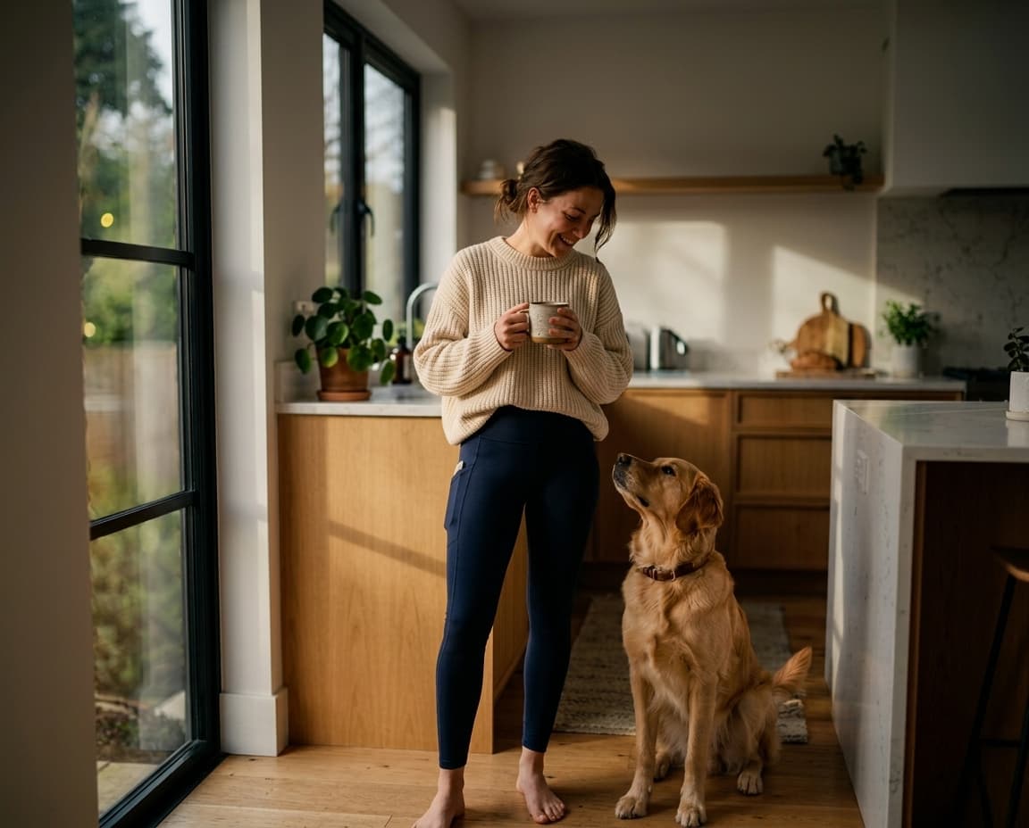 Frau in bequemen Leggings mit Hund in moderner Küche, ideal für Alltag und Sport