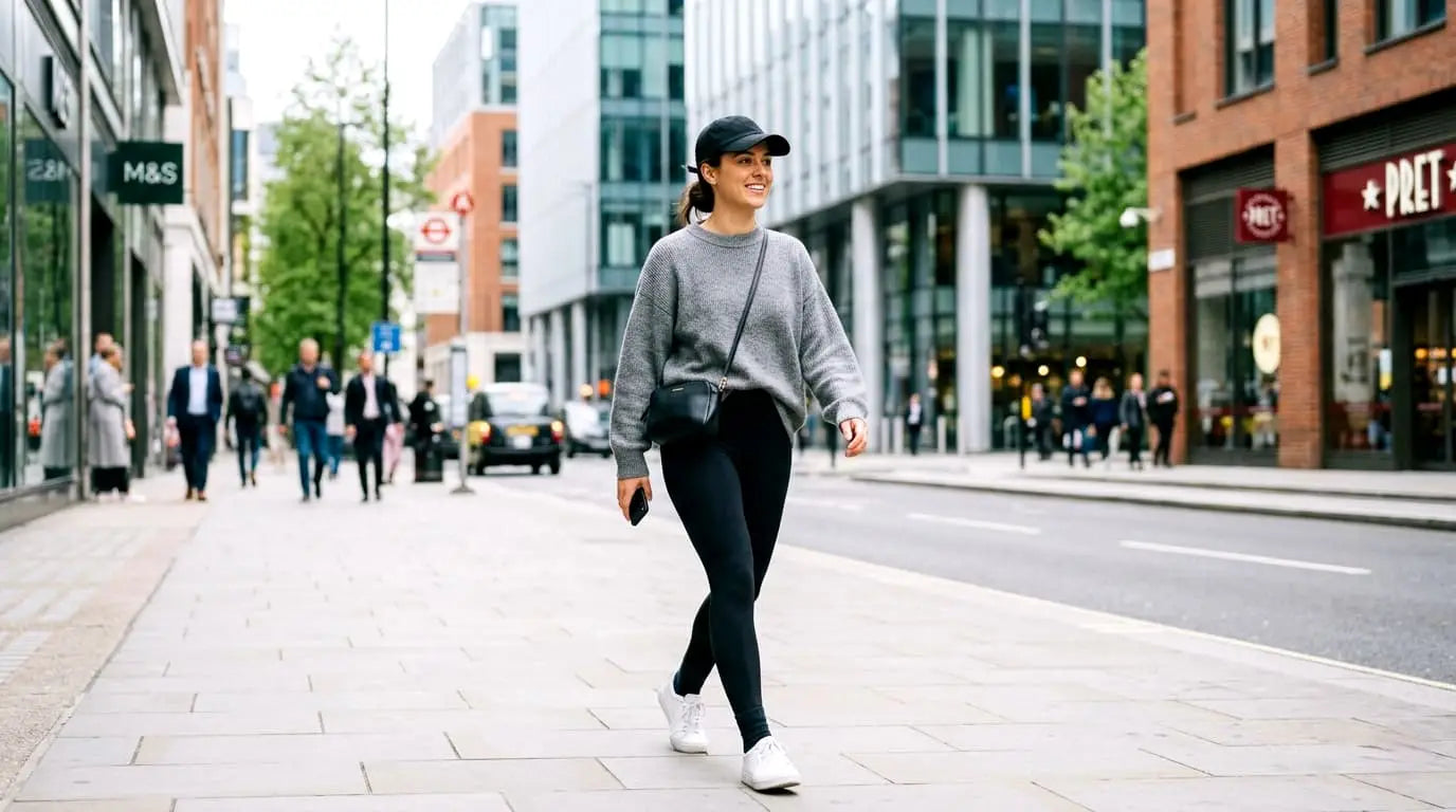 Frau in schwarzen High-Waist Leggings mit Seitentaschen beim Spaziergang in der Stadt – blickdicht & tierhaarfrei